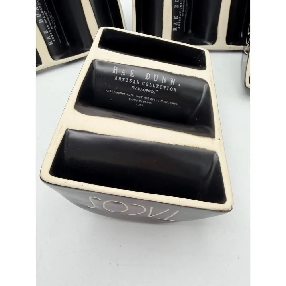 Rae Dunn Artisan Collection TACOS 4pc Divided Ceramic Serving Bowls Black
